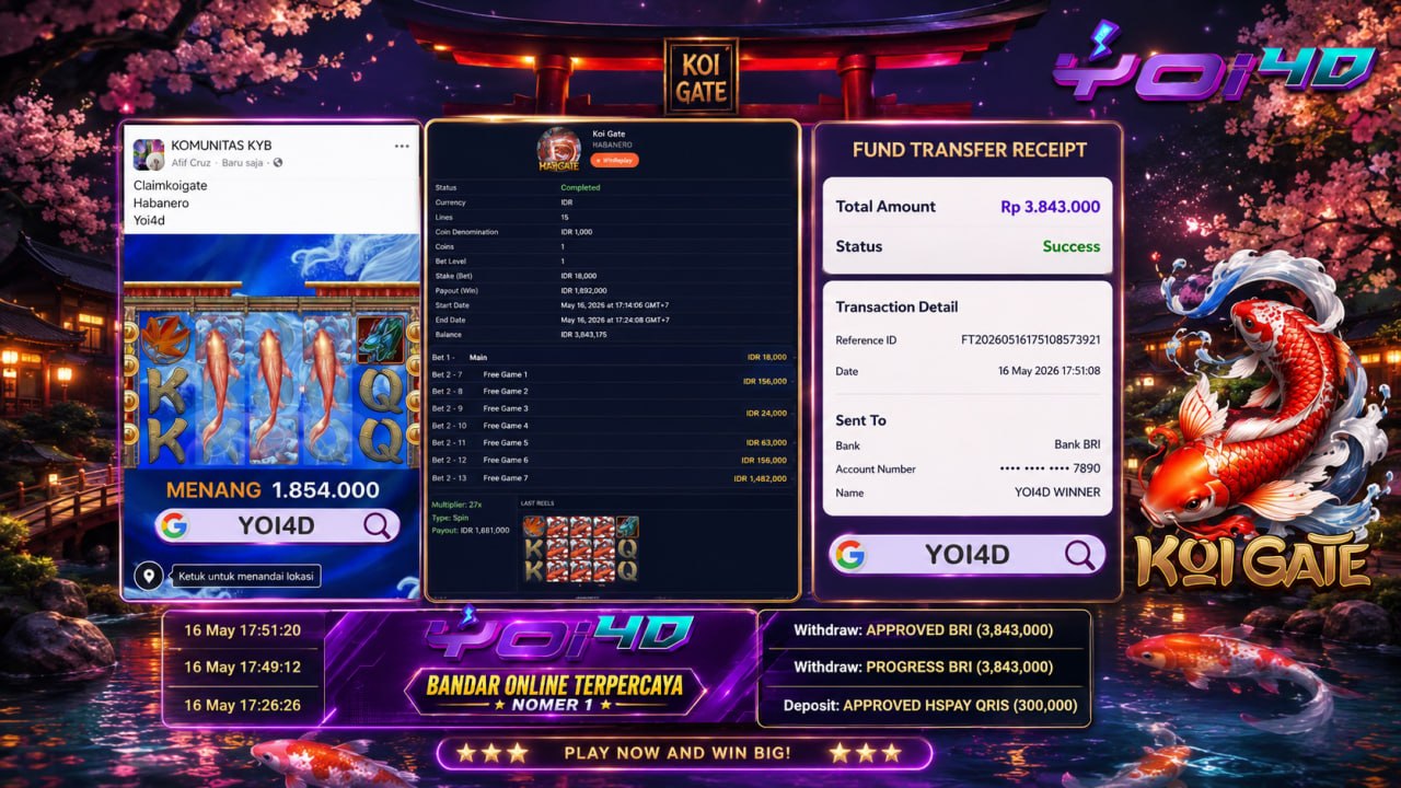 SELAMAT KEPADA MEMBER YOI𝟰D
DEPOSIT : RP 300.000
WITHDRAW : RP 3.843.000
LINK DA