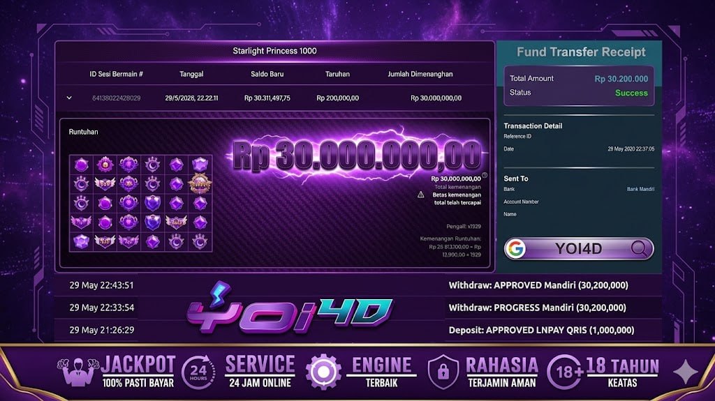 SELAMAT KEPADA MEMBER YOI4D MAXWIN
DEPOSIT : RP 1.000.000
WITHDRAW : RP 30.200.0