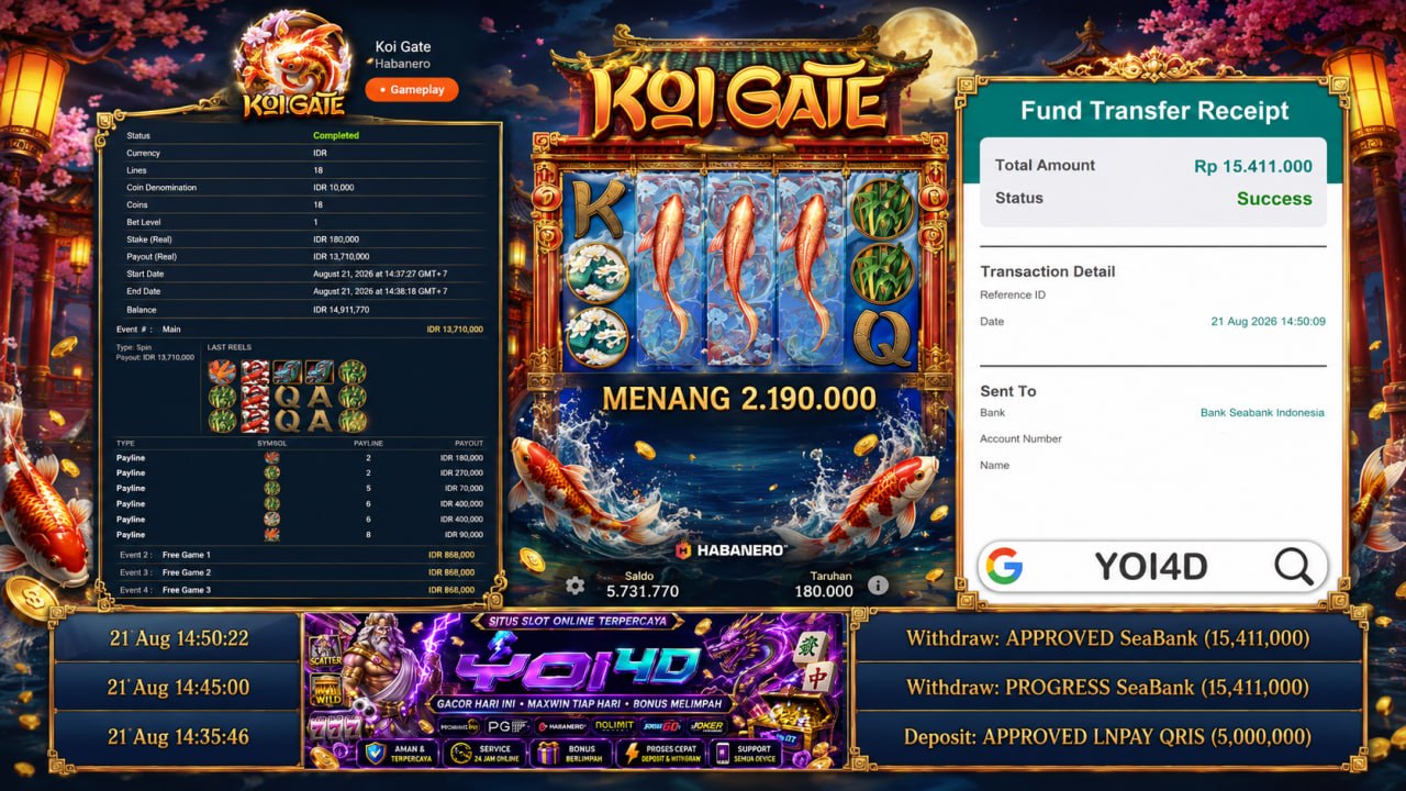 🔥 SELAMAT KEPADA MEMBER YOI𝟰D 🔥
DEPOSIT : RP 5.000.000
WITHDRAW : RP 15.411.000

